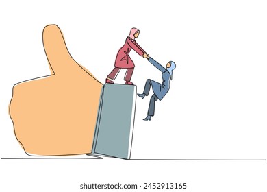 Single one line drawing Arab businesswoman helps colleague climb finger gesture thumbs up. Working together towards success. Positive vibes. Cohesiveness. Continuous line design graphic illustration