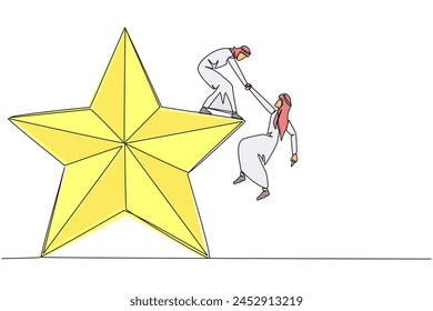 Single one line drawing Arab businessman helps colleague climb big star. Metaphor of achieving dreams of success together. Have a very good career position. Continuous line design graphic illustration