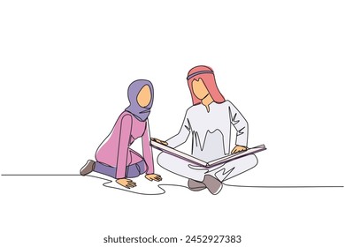 Single one line drawing Arab man woman sit down put reading book on feet. Interesting to read complete geographic map. Eliminate curiosity. Book festival. Continuous line design graphic illustration