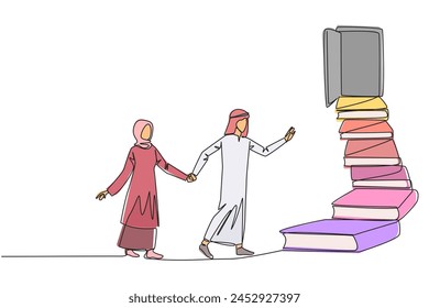 Single one line drawing Arab man woman climb stairs from the book stack. Towards the wide open door. Metaphor of finding answers from books. Book festival. Continuous line design graphic illustration