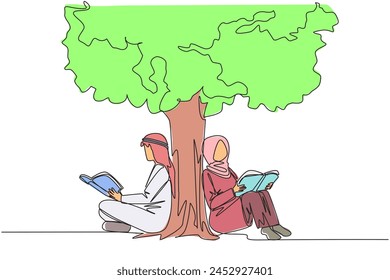 Single one line drawing Arab man woman sitting reading book under shady tree. Continuing second volume of fiction story book. Enjoy reading. Book festival. Continuous line design graphic illustration