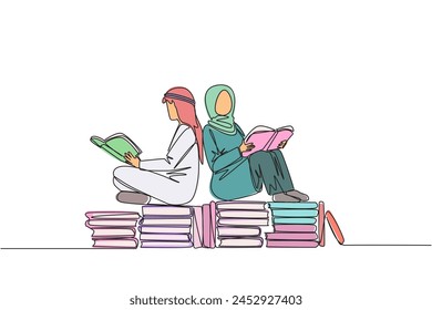 Single one line drawing Arab man woman sitting relax reading book on pile of books. Relax while reading fiction book. Enjoy the storyline. Book festival concept. Continuous line graphic illustration