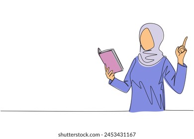 Single one line drawing Arab woman standing reading book. Gesture gets idea. Book can see from different points of view. Brilliant idea from reading book. Continuous line design graphic illustration