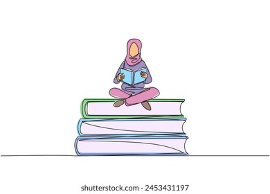 Single one line drawing Arab woman sitting cross-legged on pile of large books. Read comic. Read textbook. Read scientific journal. Read increase insight. Continuous line design graphic illustration