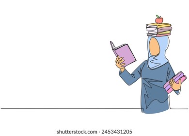 Single one line drawing Arab woman reading book practicing balance. Stack books on top of head along with the apple. Balancing reading rhythm, train focus. Continuous line design graphic illustration