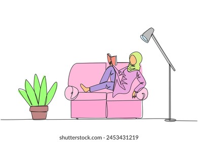 Single one line drawing Arab woman sitting stretched out on sofa reading book. Really like content of the book reading on each page. Impressive. Love read. Continuous line design graphic illustration