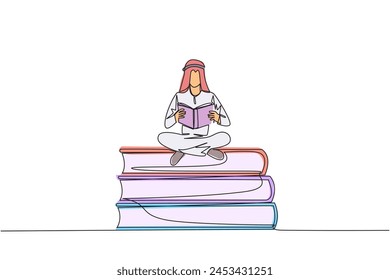 Single one line drawing  Arab man sitting cross-legged on pile of large books. Read comic. Read textbook. Read scientific journal. Reading increase insight. Continuous line design graphic illustration
