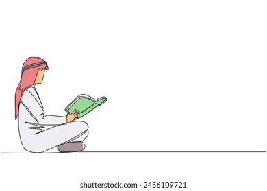Single one line drawing Arab man sitting reading book. The new hobby of reading books helps to relax. One book one day. Good habits. Book festival concept. Continuous line design graphic illustration