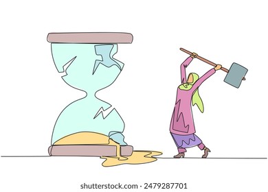 Single one line drawing Arab businesswoman preparing to hit big hourglass. Remove reminder. Work without rules. Undisciplined. Detrimental to the company. Continuous line design graphic illustration