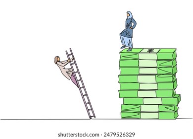 Single one line drawing Arab businesswoman kicks opponent who climbs pile of banknotes with ladder. Struggle together but want to achieve big profit alone. Continuous line design graphic illustration