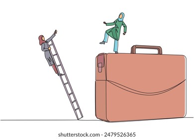 Single one line drawing Arab businesswoman kicks opponent who climbs the briefcase with ladder. Keep away from intruders who disturb business trips. Rival. Continuous line design graphic illustration