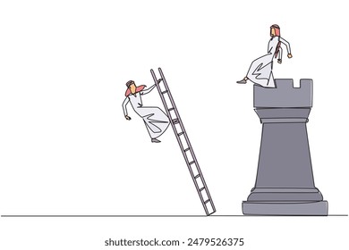 Single one line drawing Arab businessman kicks rival who climbs the chess rook with ladder. Wrong move. Wrong strategy. Plan leaked by colleague. Traitor. Continuous line design graphic illustration