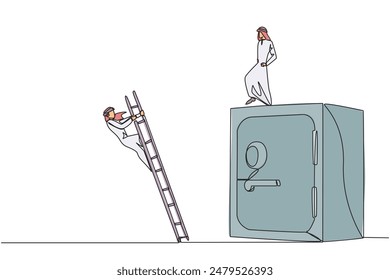 Una sola línea que dibuja al hombre de negocios árabe patea al oponente que está subiendo la caja de seguridad con la escalera. Se cayó bruscamente. Guardar No se puede Rival. Ilustración gráfica de diseño de línea continua