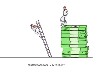 Single one line drawing Arab businessman kicks opponent who is climbs pile of banknotes with ladder. Struggle together but want to achieve big profit alone. Continuous line design graphic illustration