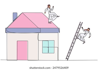 Single one line drawing Arab businessman kicks rival who climbs miniature house with stairs. Metaphor of fraud committed by house developers. Bad business. Continuous line design graphic illustration