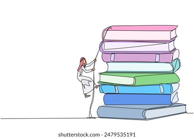 Single one line drawing Arab businessman climbing a pile of books with a rope. Try hard to gain new knowledge for the smooth running of business. Satisfied. Continuous line design graphic illustration