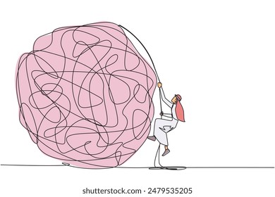 Single one line drawing Arab businessman climbs heavy mess circle with the rope. Trying to lay anxiety at the feet. For clarity of thought. Smart work hard. Continuous line design graphic illustration