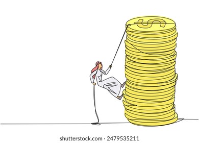 Single one line drawing Arab businessman climbs stack of coins with rope. Entrepreneur trying hard climbing the rope to reach top of coins. Better future. Continuous line design graphic illustration