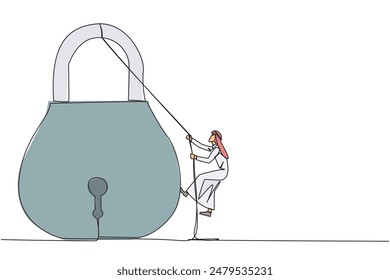 Una sola línea que dibuja al hombre de negocios árabe sube un candado con una cuerda. Haz lo mejor para privatizar el negocio. Único propietario. El resultado de un trabajo duro e inteligente. Satisfecho. Ilustración gráfica de diseño de línea continua