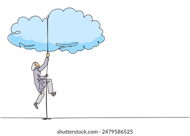 Single one line drawing Arab businesswoman climbing clouds with rope. A metaphor for hanging dreams sky high. Ultimate success. Hard worker. Work smarter. Continuous line design graphic illustration