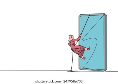 Single one line drawing Arab businesswoman climbs smartphone with rope. Improve business relationship. Massively contact colleague. Connected to each other. Continuous line design graphic illustration