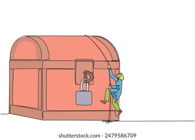 Single one line drawing Arab businesswoman climbs treasure chest with rope. Do the best business to achieve lots of rewards. Result of hard work. Work hard. Continuous line design graphic illustration