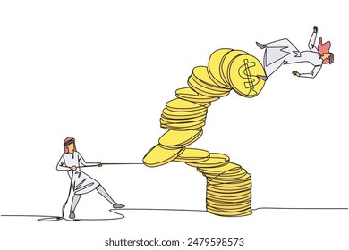 Single one line drawing Arab businessman pull one of piles of coins who made person on top fall. Business fraud. Misappropriation of office money. Traitor. Continuous line design graphic illustration