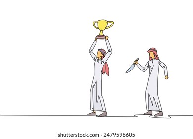 Single one line drawing Arab businessman standing lifting trophy. Business friends prepare to stab in the back. Unhealthy business competition. The traitor. Continuous line design graphic illustration