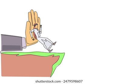 Single one line drawing Arab businessman standing on edge of cliff. Something big wants to bring down the business. Invisible enemy. Bring down competitor. Continuous line design graphic illustration