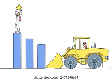 Single one line drawing Arab businessman standing on highest bar raising a star. Bulldozer ready to destroy the happiness. Betrayal. Fake friends. Traitor. Continuous line design graphic illustration