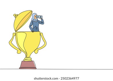 Single one line drawing Arab businesswoman emerges from trophy looking for something through binoculars. Get ready to win the many rewards that await. Continuous line design graphic illustration