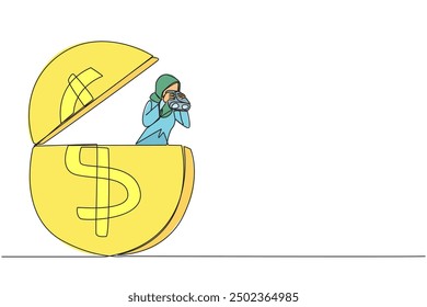 Single one line drawing Arab businesswoman emerges from dollar symbol coin look for something with binoculars. Look for money to share as sign of gratitude. Continuous line design graphic illustration
