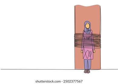 Single one line drawing Arab businesswoman standing, tied to a large pillar. Shackled by error. Haunted by the fear of failure in business. Stagnant. Fear. Continuous line design graphic illustration