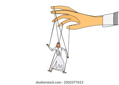Single one line drawing Arab businessman walks by being moved by ropes controlled by a giant hand above. Like a puppet. Cannot have big impact on business. Continuous line design graphic illustration