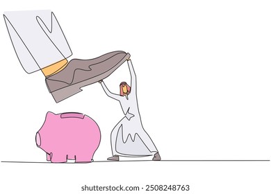 Single one line drawing Arab businessman holds back giant foot wants to step on piggy bank. Restraining the greed of sovereigns who will destroy assets. Continuous line design graphic illustration