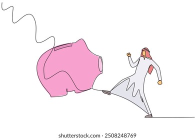 Single one line drawing Arab businessman kicking piggy bank. Emotions reduce intelligence. Wasting quite a large asset. The opportunity to invest is wasted. Continuous line design graphic illustration