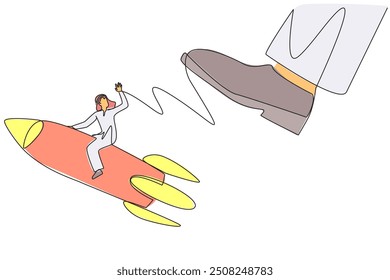 Single one line drawing Arab businessman riding rocket flies away from the giant foot. Continue to open new business branches despite the large disruption. Continuous line design graphic illustration