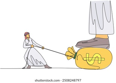 Single one line drawing Arab businessman tries to take money bag stepped on by giant foot. The rope become a tool. Fighting attitude. Get the most profit. Continuous line design graphic illustration