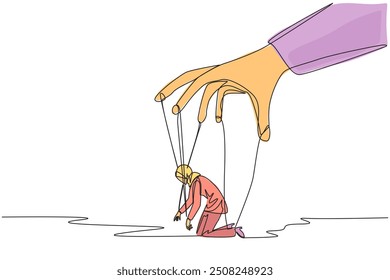 Single one line drawing Arab businesswoman kneel, whole body bound by ropes controlled by giant hands. Without hope. Hopeless. Bankrupt. Like a puppet. Continuous line design graphic illustration