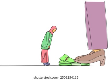 Single one line drawing Arab businesswoman nodded in front of giant foot stepping on wad of banknotes. Request payment is not withheld. Business continuity. Continuous line design graphic illustration