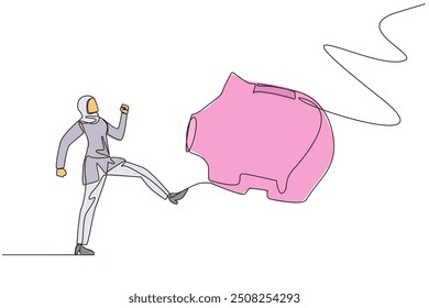 Single one line drawing Arab businesswoman kicking piggy bank. Emotional. Spending capital to releasing assets. Struggle to maintain business. Try the luck. Continuous line design graphic illustration