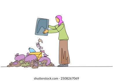 Single one line drawing Arab woman throws rubbish into rubbish pile. Environmental care. Cleanliness is not maintained. Can cause disease if left untreated. Continuous line design graphic illustration