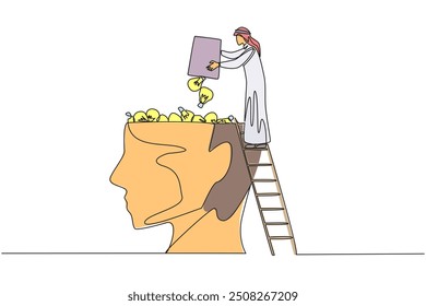 Single one line drawing Arab businessman climb to the large, open head with stairs. Throw away lightbulb. Putting down ideas and innovation. For profits. Continuous line design graphic illustration