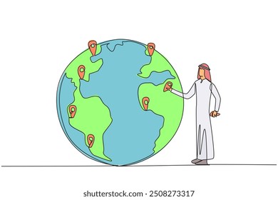 Single one line drawing Arab man places pin location point on surface of globe. Image of distribution of urgent areas for immediate afforestation. Protect. Continuous line design graphic illustration