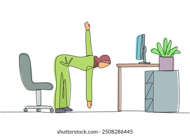 Una sola línea dibujando a una mujer árabe de pie con una mano levantada con la otra mano sosteniendo la punta de la pierna. Calentamiento. Haga ejercicio mientras trabaja. Aumente la concentración. Horas extra. Ilustración gráfica de diseño de línea continua