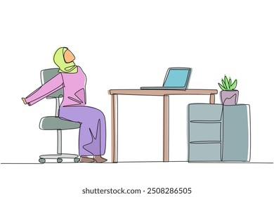 Single one line drawing Arab woman sitting in work chair stretching arms behind back. Squirming. Stretch the body. Avoid feeling stiff. Overtime on weekend. Continuous line design graphic illustration