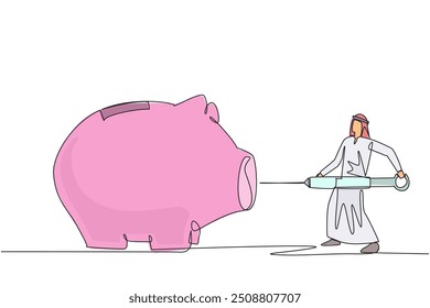 Single one line drawing Arab businessman holding big syringe and want to inject it into big piggy bank. Additional capital. Trigger enthusiasm for business. Continuous line design graphic illustration