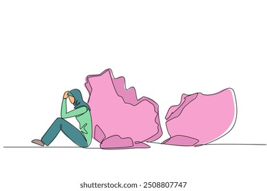 Single one line drawing Arab businesswoman sit slump next to a large, destroyed big piggy bank. Financial problem. Too much debt. Bankrupt. Failed business. Continuous line design graphic illustration