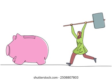 Single one line drawing Arab businesswoman holding big hammer chasing big running piggy bank. Need more money. Digging into other saving. Financial problem. Continuous line design graphic illustration