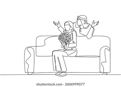 Single one line drawing an arab man standing behind an arab woman sitting on sofa holding bouquet of flowers. Start the day with little surprise. Surprise. Continuous line design graphic illustration